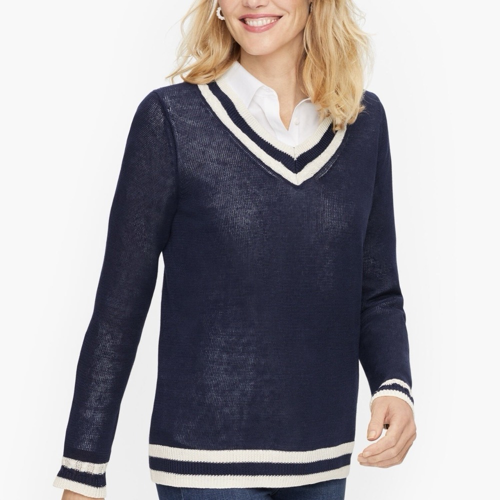 Talbots Linen V-Neck Sweater 1X Navy White Lightweight Summer Pullover NWT $99